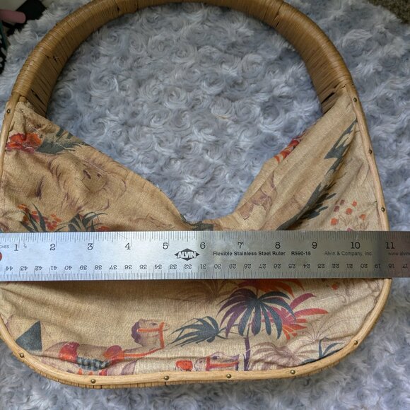 Vintage Woven Basket Purse Camel Fabric Sides with Wicker Handle and Detailing - Picture 8 of 11